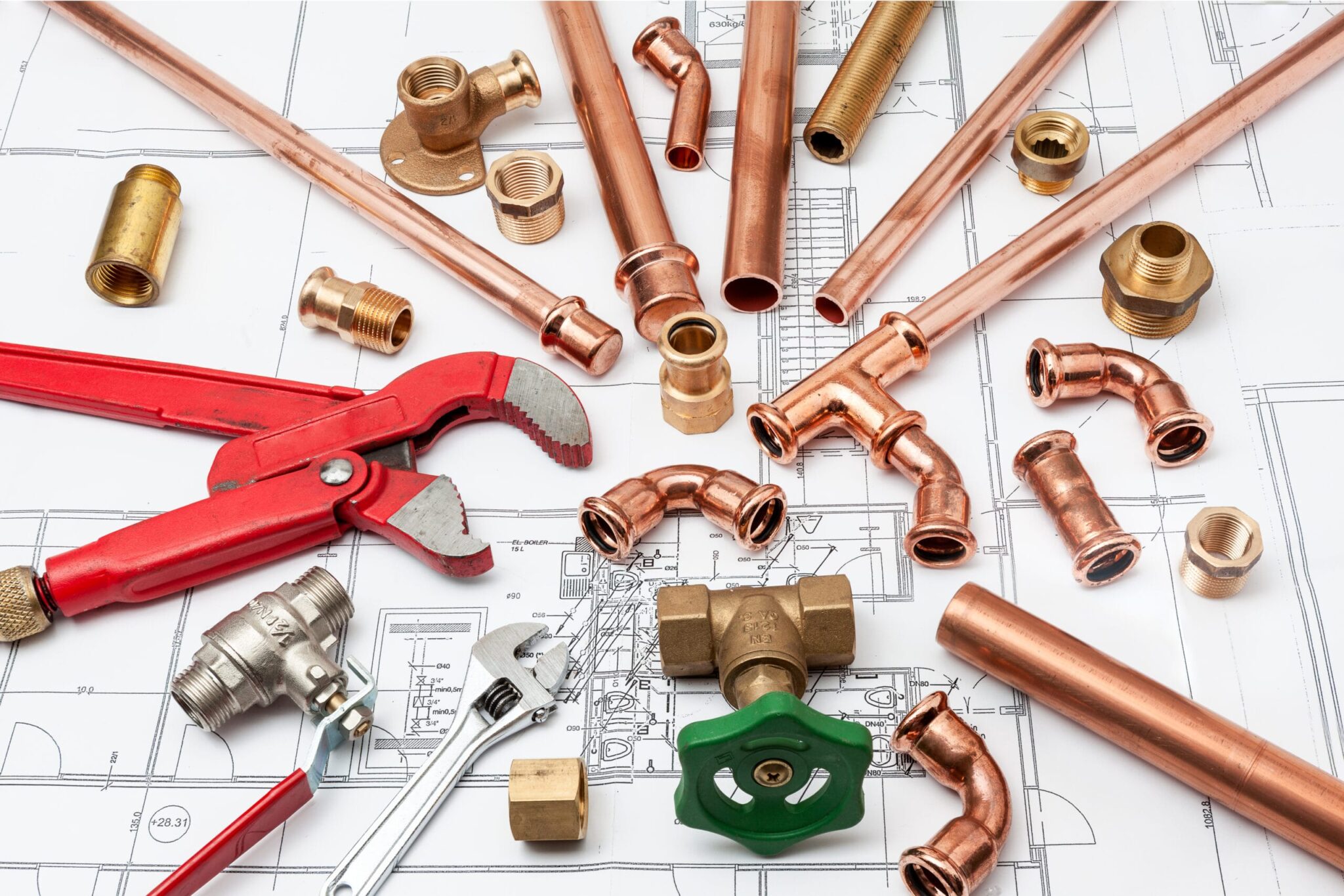 Copper pipes, fittings, valves, and plumbing tools in Oregon City