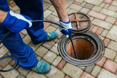 Plumber cleaning an outdoor sewer drain in Oregon City