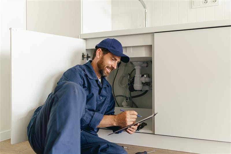 Residential plumber reviewing plumbing repairs in a Oregon City kitchen