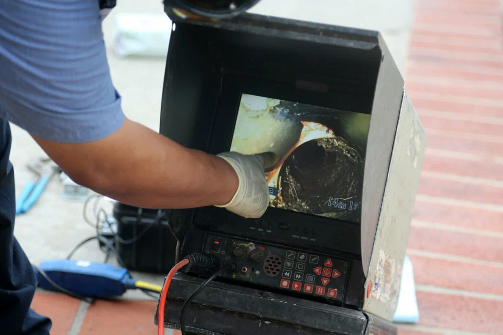Technician viewing a drain inspection camera in Oregon City
