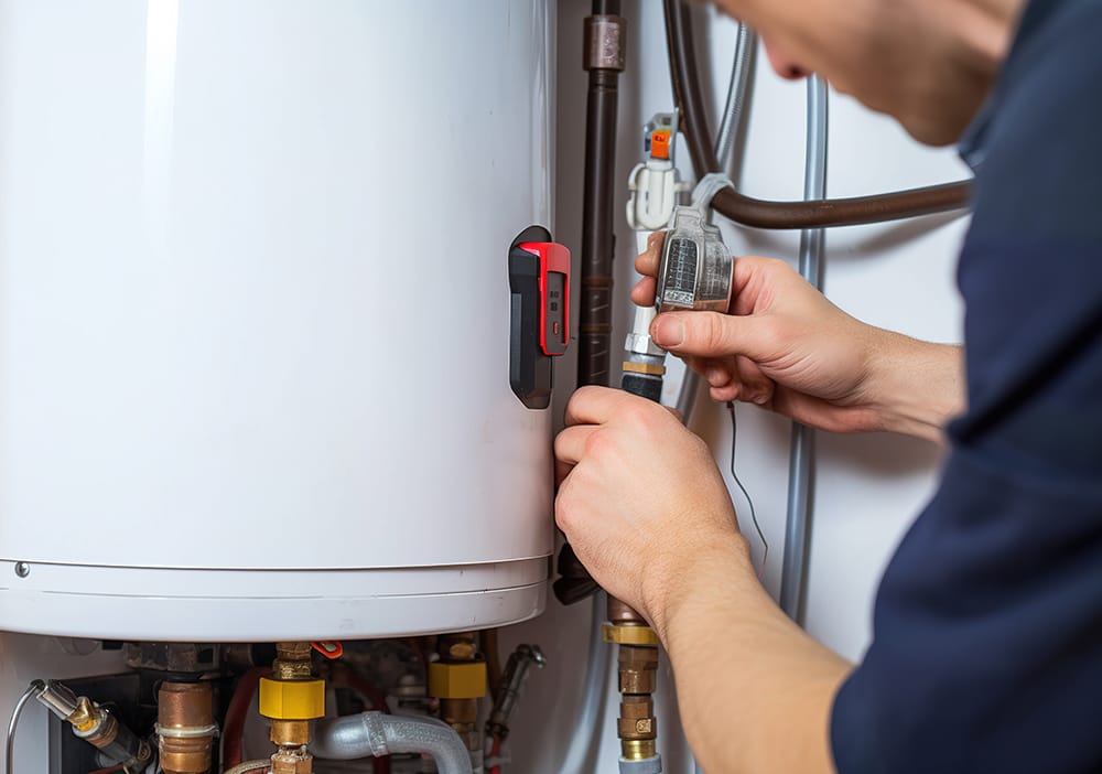 Technician repairing pipes connected to a water heater in Oregon City